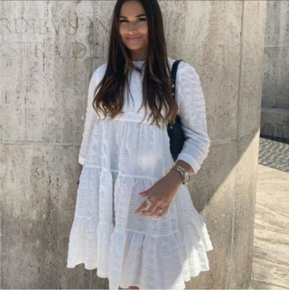 Zara Sharon Viral Shift Dress Womens SzL White Textured Tiered 3/4 Sleeve Mini - Picture 11 of 11